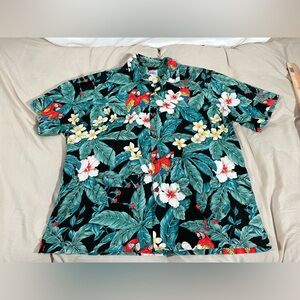 Hawaii Brand Men X-Large Shirt Hawaiian Aloha Parrots Hibiscus Palms Floral Tiki